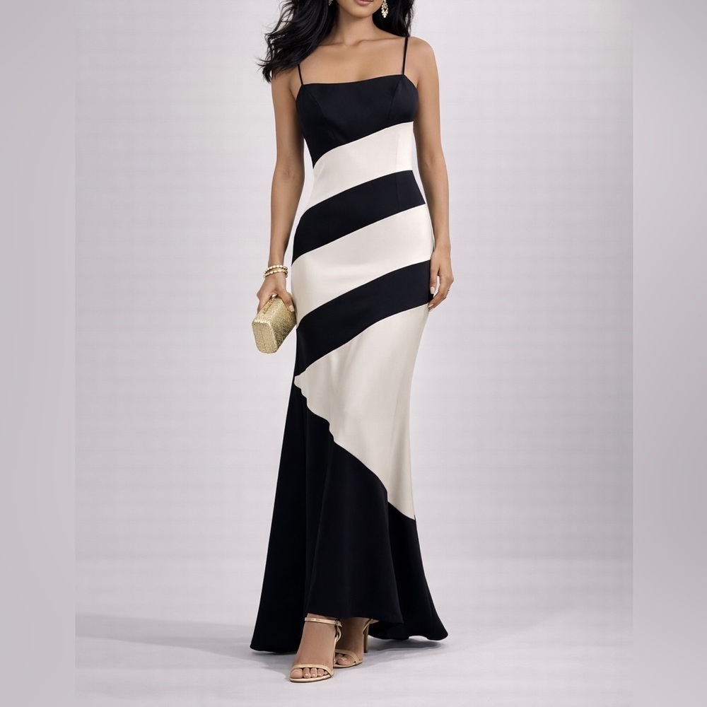 Betsy & Adam Black and White Asymmetrical Striped Evening Gown